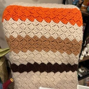 Vintage Handmade Orange, Brown & Cream Crochet Throw Blanket 6x5